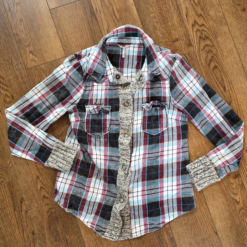 BKE Women's Plaid Button Down Shirt - Red, Blue, White
